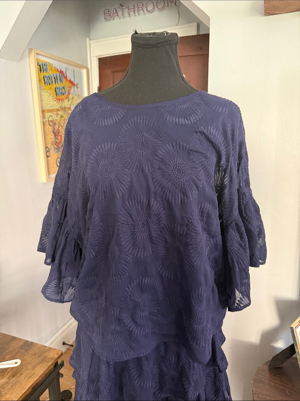 Ted Baker Navy Embroidered Ruffle-Sleeve Tunic